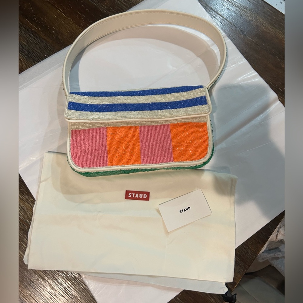 STAUD Multicolor Beaded Stripe Shoulder Bag — Blue, Pink, Orange, Green, Cream